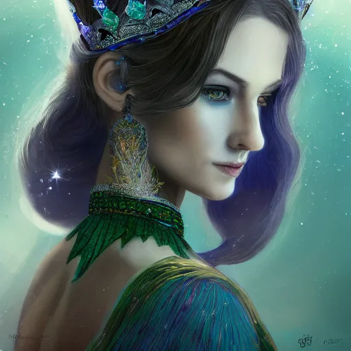 Image similar to detailed portrait of a fairy queen with wings wearing a silk robe, crown, pixie, iris, realism, emerald, galaxy, sapphire,blonde hair going down to the floor, moonlit, dark fantasy, dramatic lighting, cgsociety, artstation