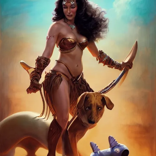 Prompt: Princess Dejah Thoris of Helium with Martian dog Woola, 4k oil on linen by wlop, artgerm, andrei riabovitchev, nuri iyem, james gurney, james jean, greg rutkowski, highly detailed, soft lighting 8k resolution