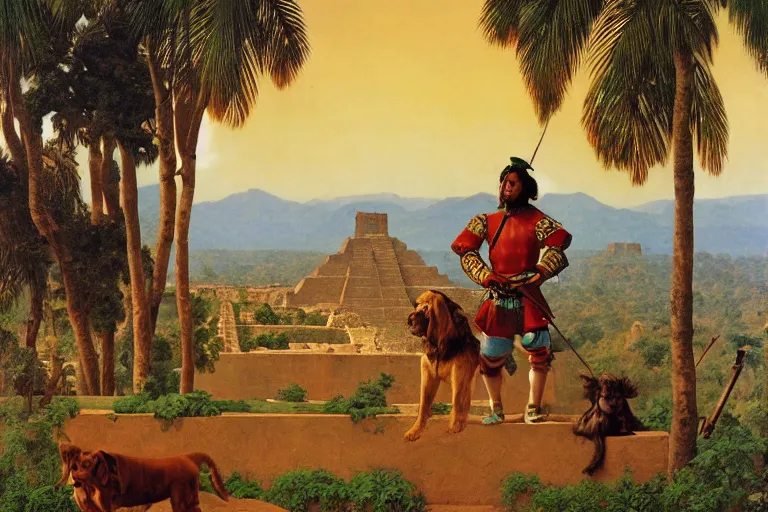 Image similar to painting of a spanish conquistador with a dog, at the aztec pyramids, jungle, sunset, chill, romantic, by ludwig deutsch and maxfield parrish, patterned tilework, extremely detailed, cinematic lighting, smooth sharp focus