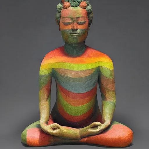 Prompt: A beautiful sculpture of a man with a large head, sitting in what appears to be a meditative pose. His eyes are closed and he has a serene look on his face. His body is made up of colorful geometric shapes and patterns that twist and turn in different directions. It's almost as if he's sitting in the middle of a kaleidoscope! close-up by Norman Ackroyd forbidding