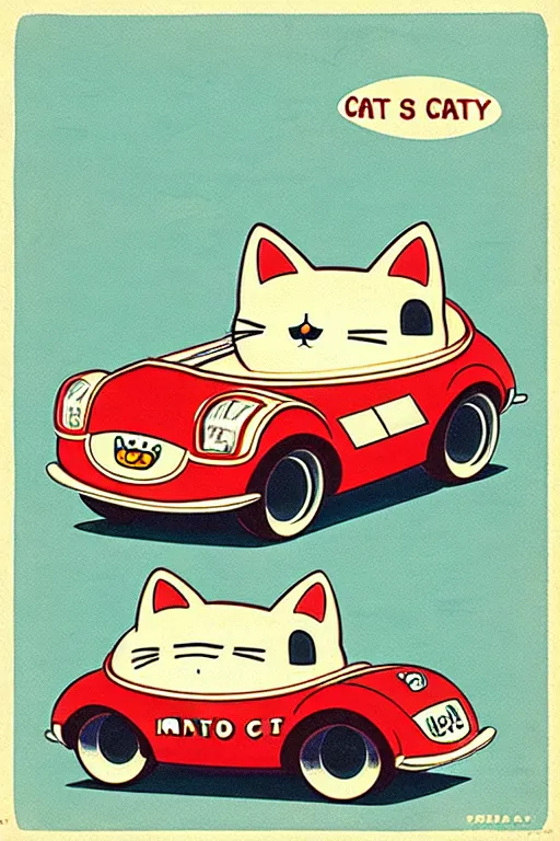 Image similar to by richard scarry. a cat shaped car. a 1 9 5 0 s retro illustration. studio ghibli. muted colors, detailed