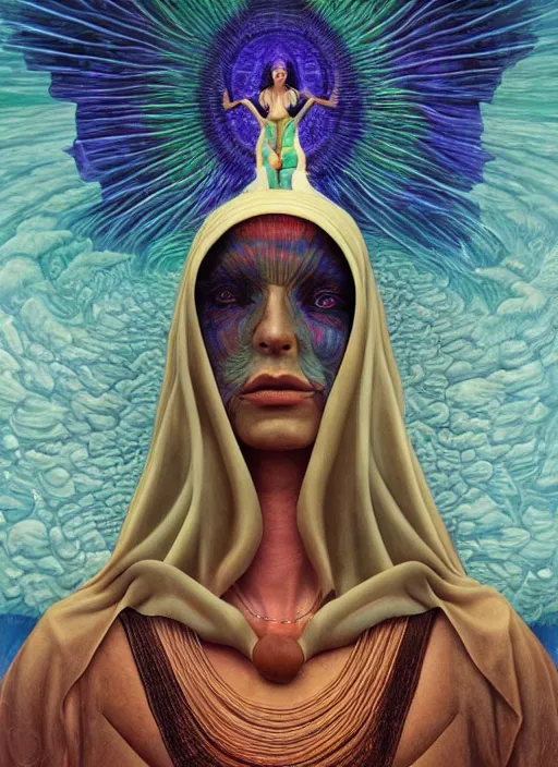 Image similar to portrait ultra dimensional cult woman shaman, enlightenment tripping on dmt, psychedelic experience, ultra high definition, unreal engine 5, hyperrealism, masterpiece composition, by michael parkes, casey weldon, barclay shaw