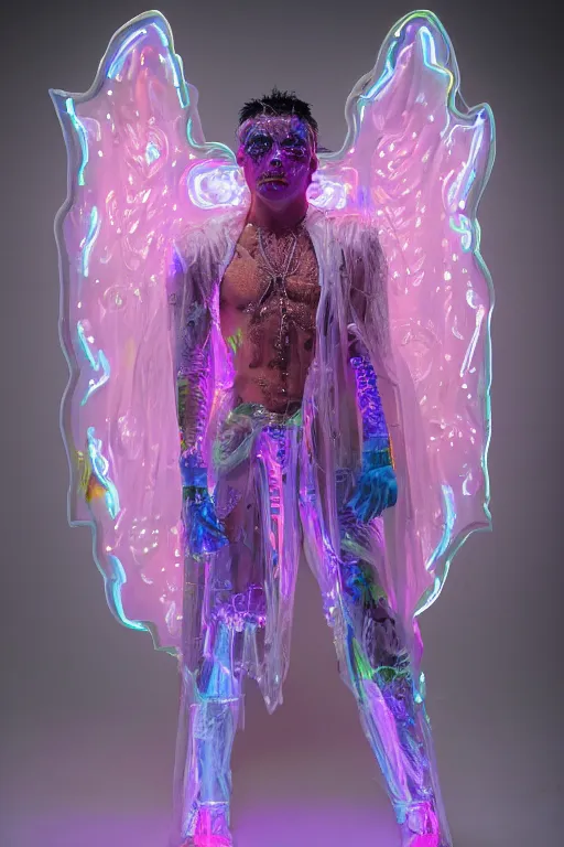 Image similar to full-body rococo and cyberpunk delicate neon crystalline sculpture of (((muscular slender Nick Jonas))) as an iridescent humanoid deity wearing a thin see-through ((plastic hooded cloak)) sim roupa (holding a human skull), reclining con (las piernas abiertas), glowing pink face, crown of (((white lasers))), large diamonds, swirling black silk fabric. futuristic elements. oozing glowing liquid, full-length view. space robots. intricate artwork by caravaggio. Trending on artstation, octane render, cinematic lighting from the right, hyper realism, octane render, 8k, depth of field, 3D