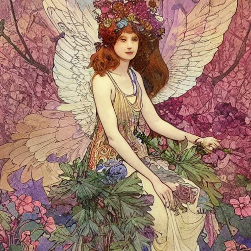 Prompt: a beautiful intricate watercolor illustration of a beautifull angel sitting on a throne of flowers, leaves, 4 k, ultra - wide angle, by william turner, by victo ngai, by alphonse mucha, by moebius, by gustave dore, hd, trending on artstation, hyper detailed, muted intense colors