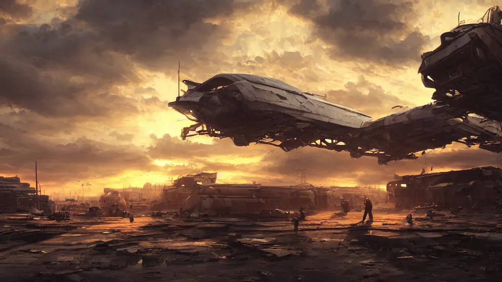 Prompt: a Photorealistic hyperrealistic render of a gigantic spaceship landing at a Junkyard by Greg Rutkowski,Vitaly Bugarov,Stephan Martiniere,Nicolas Bouvier SPARTH,James Paick,dramatic moody sunset lighting,long shadows,Volumetric, cinematic atmosphere, Octane Render,Artstation,8k