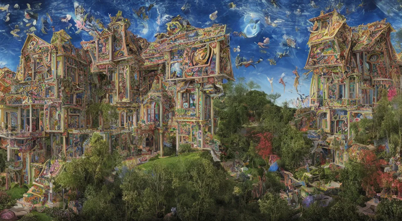 Prompt: a hologram psychedelic mansion by Sándor Liezen-Mayer and Lucas Cranach the Younger