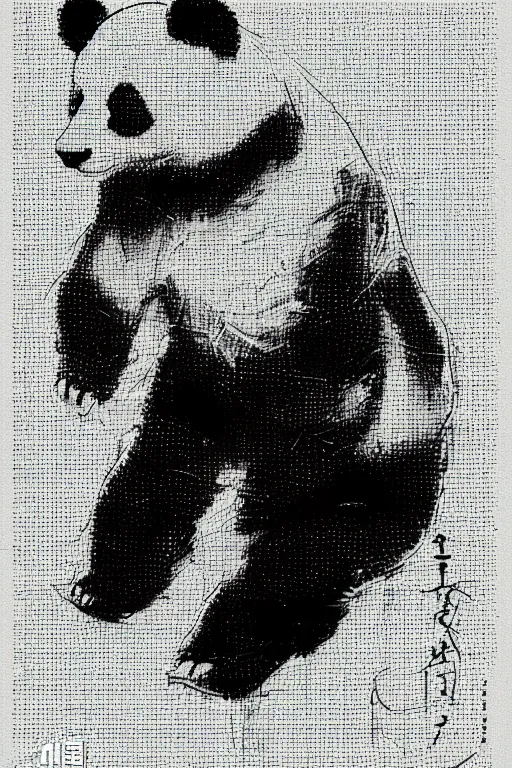 Image similar to portrait of a panda in the style of yoji shinkawa and ashley wood, halftone textures, detailed