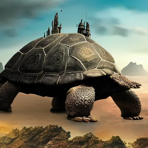 Image similar to giant tortoise towering over a harsh barren sandy wasteland with a large fantasy castle rising from the top, distant shot angled slightly down, fantasy, hyper detailed, 4 k, howls moving castle, mortal engines, kaiju,