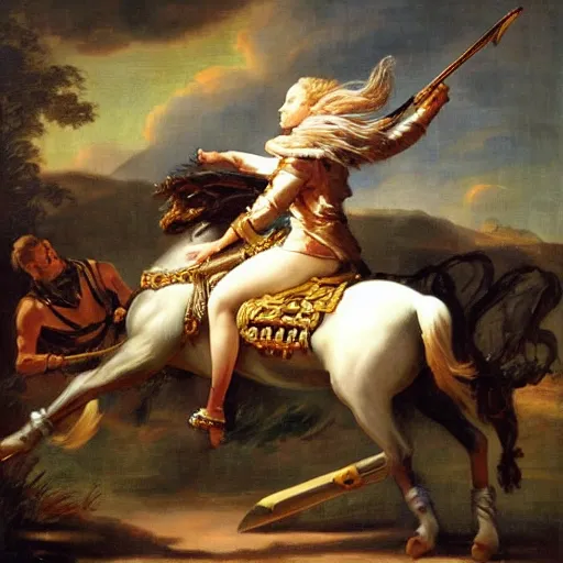 Image similar to beyonce riding a horse with a sword chasing a tribe of eric claptons, baroque style painting, well lit, highly detailed
