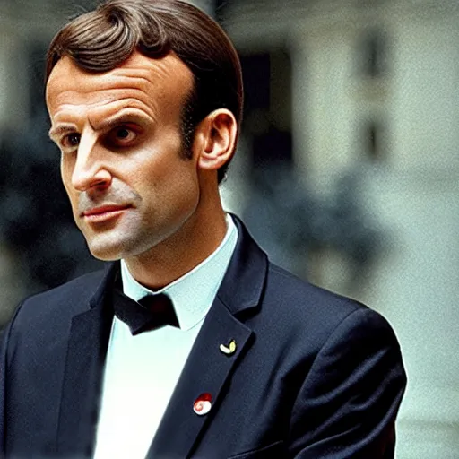 Image similar to Emmanuel Macron as a priest in American Psycho (1999)