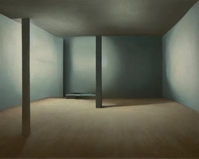 Image similar to a painting of a confusing minimalistic room, an airbrush painting by breyten breytenbach, cgsociety!, neo - primitivism