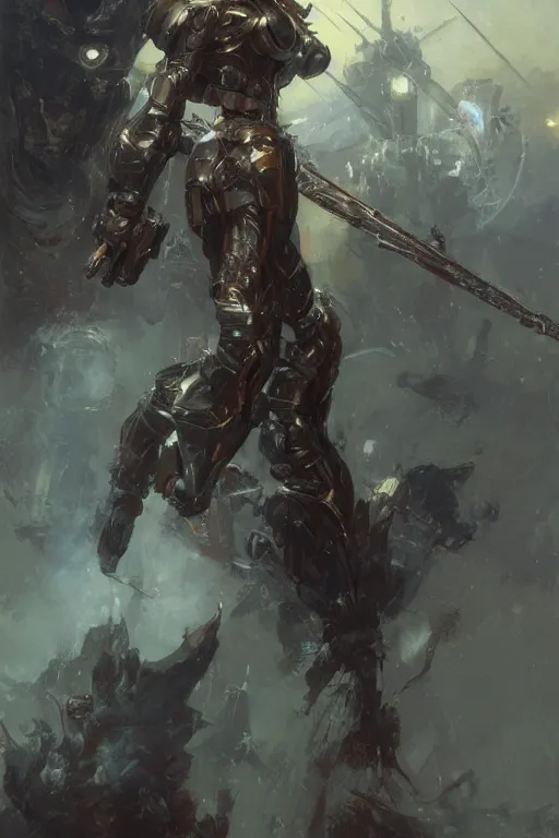 Prompt: full body girl metal armor holding a gunsword dynamic poses painting beautifull face no _ blur byby gaston bussiere, greg rutkowski, yoji shinkawa, tsutomu nihei, tim hildebrandt, sharp, details, hyper detailed, hd, 8 k