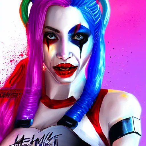 Prompt: Harley Quinn in cyberpunk clothing, beautiful, smiling, city background, vibrant colors, 4k, high quality, digital art