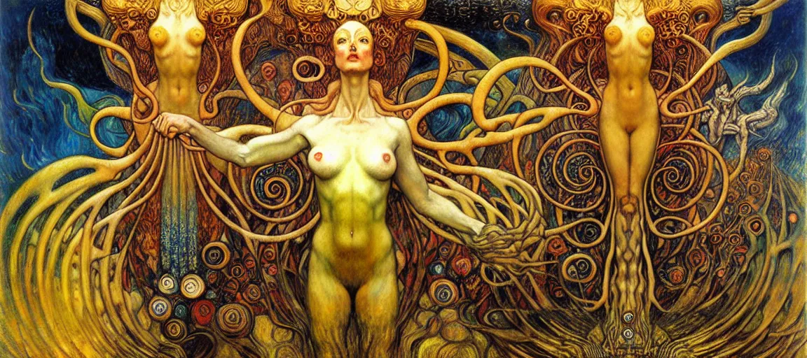 Image similar to Divine Chaos Engine by Karol Bak, Jean Delville, William Blake, Gustav Klimt, and Vincent Van Gogh, symbolist, visionary