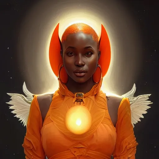 Prompt: portrait of very very very very very very beautiful african woman with angels wings, spacesuit, orange eyes, intricate, elegant, highly detailed, digital painting, artstation, concept art, smooth, sharp focus, illustration, art by artgerm and greg rutkowski and alphonse mucha