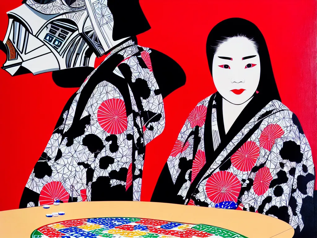 Image similar to hyperrealism composition of the detailed woman in a japanese kimono sitting at an extremely detailed poker table with darth vader, fireworks on the background, pop - art style, jacky tsai style, andy warhol style, acrylic on canvas