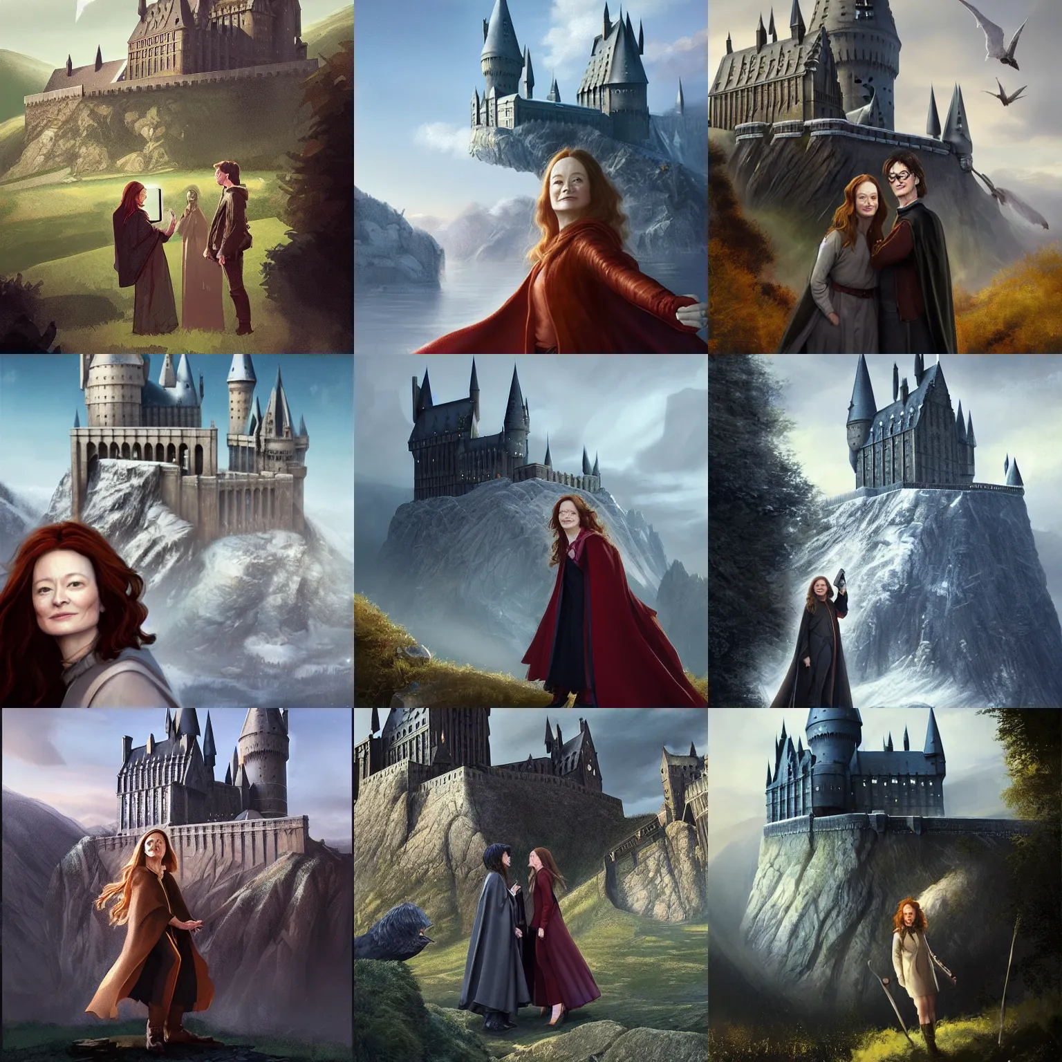 Prompt: miranda otto, posing for a selfie with harry potter, in front of a castle on a mountain, digital art by greg rutkowski, artstation