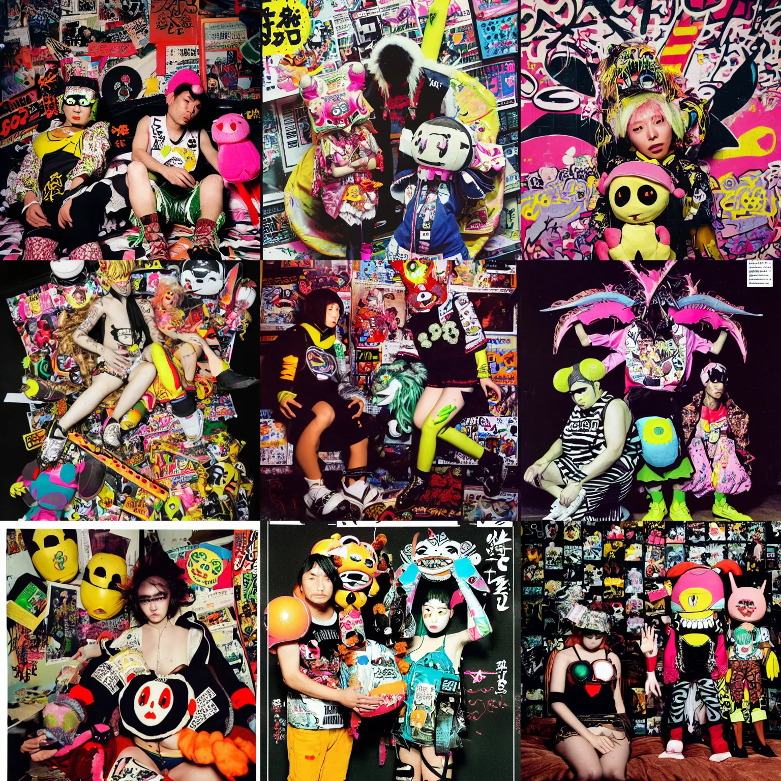 Prompt: photo of Rammellzee Garbage Gods with Hyoma mascot plush character from 20471120 in the style of 1990's FRUiTS magazine in japan in a dirty dark dark dark poorly lit bedroom in the style of Juergen Teller in the style of Shoichi Aoki and Ryan Trecartin, japanese street fashion, KEROUAC magazine, magazine 1990's, Vivienne Westwood, y2K aesthetic