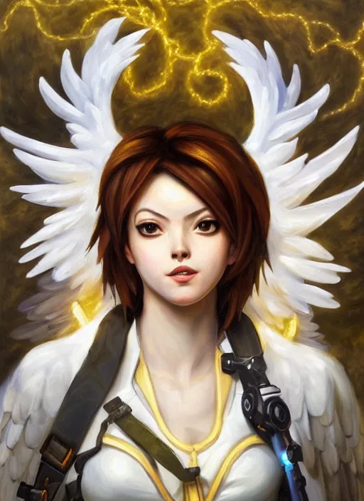 Image similar to full body oil painting of tracer overwatch in the style of sophie anderson, angel wings, white dress, dramatic painting, symmetrical composition, ornate, high detail, gold detailed collar, blooming, lights, flowers,