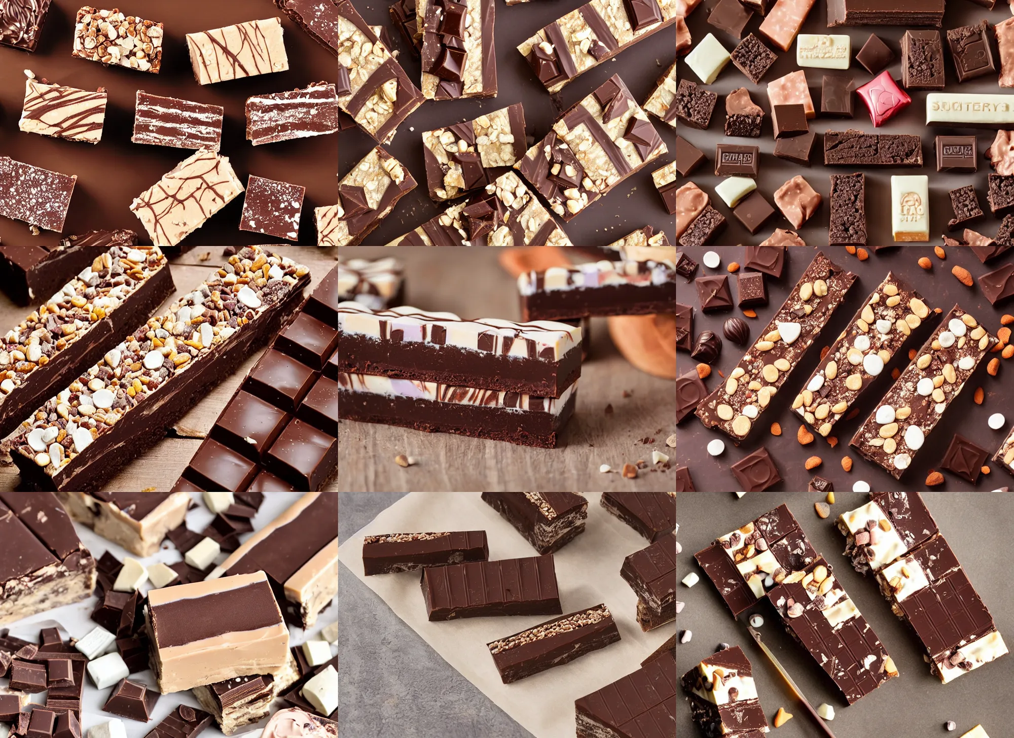 Prompt: the most scrumptious candy bar, velvety nougat, rich chocolate, sugary morsels, handcrafted delight