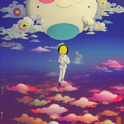 Image similar to a man walking on clouds above kyoto by takashi murakami, beeple and james jean, aya takano color style, 4 k, super detailed