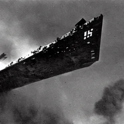 Image similar to an old ww2 photograph of a star destroyer crashing into earth