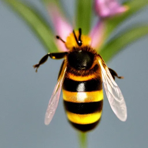 Prompt: photo of a honeybee that looks like a rainbow unicorn