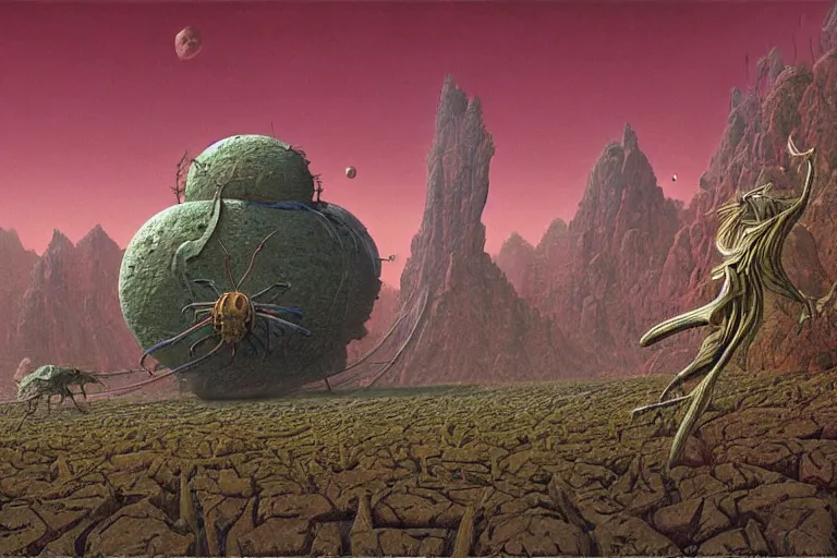 Image similar to oil painting, super - detailed scene of a planet that is also a giant insect, entomology, japanese sci - fi books art, artwork by jean giraud and zdzislaw beksinski and michael whelan and hr giger, hd, 4 k, high quality