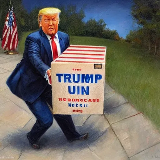 Image similar to jon mcnaughton painting of donald trump sneaking out of the white house with a box labeled top secret