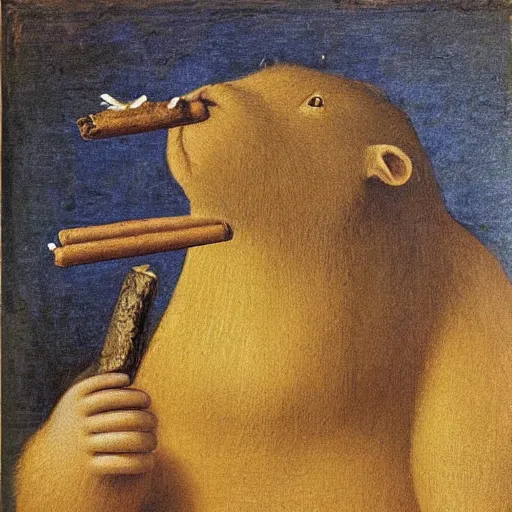 Prompt: capybara smoking a cigar, oil painting by leonardo da vinci
