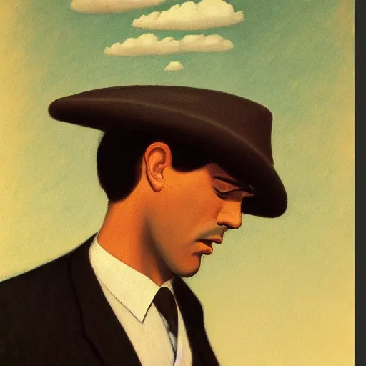 Image similar to a detective loses his hat in the wind by Raphael, Hopper, and Rene Magritte. detailed, romantic, enchanting, trending on artstation.