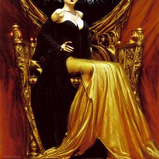 Image similar to perfectly centered portrait of attractive vampire queen in gold gothic robe sitting on a throne of black bones, painting by gaston bussiere, craig mullins, j. c. leyendecker, 8 k, mid shot