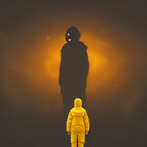 Image similar to award - winning. trending on artstation. 4 k. eerie tone. a figure wearing a layered yellow padded coat standing in front of a black hole in space. dark background. in the style of cedric peyravernay. full - body