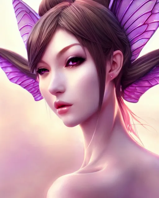 Image similar to 3 / 4 view of a woman with fairy wings, confident pose, pixie character, video game genshin impact, cell shaded anime intricate, elegant, sharp focus, illustration, highly detailed, concept art, matte, magali villeneuve, artgerm, anime, trending on artstation