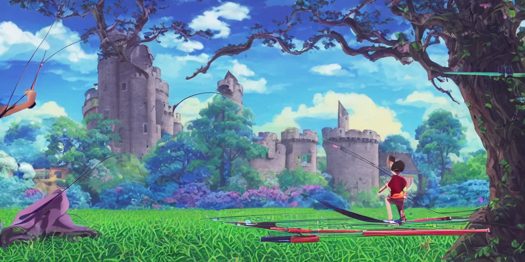 Prompt: a young boy practicing archery in the backyard of a castle, illustration, digital art, flat painting, vivid colors, flat colors, cinematic, surreal, wide angle, made by chiho aoshima, inspired by studio ghibli, trending on artstation, detailed