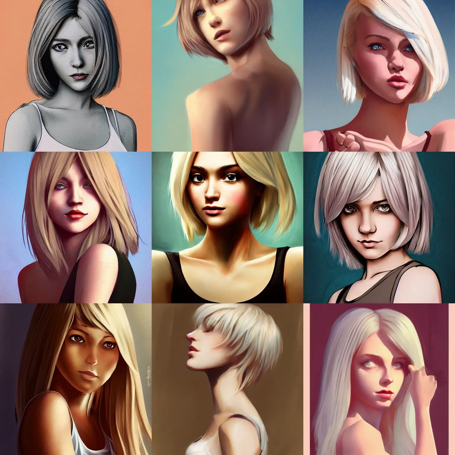 Prompt: gorgeous actress wearing a tanktop, with light blonde shoulder-length hair, in the style of Ilya Kuvshinov and mark arian