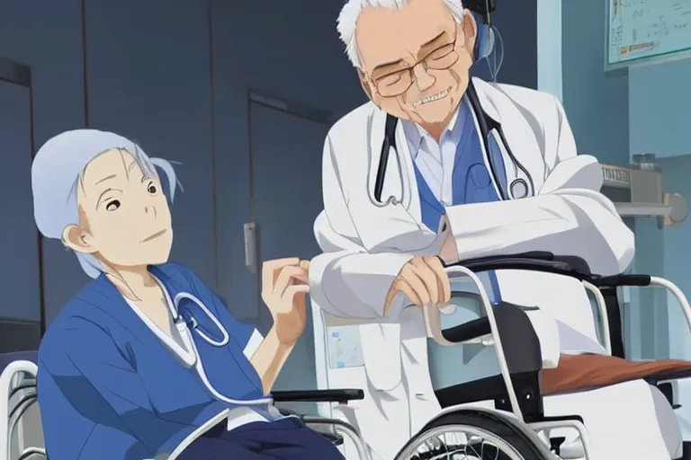 Image similar to a cute young female doctor wearing white coat, an old man of 80 years wearing blue T-shirt in a wheelchair, hospital ward, slice of life anime, cinematic, realistic, anime scenery by Naoshi Arakawa:8 and Makoto shinkai