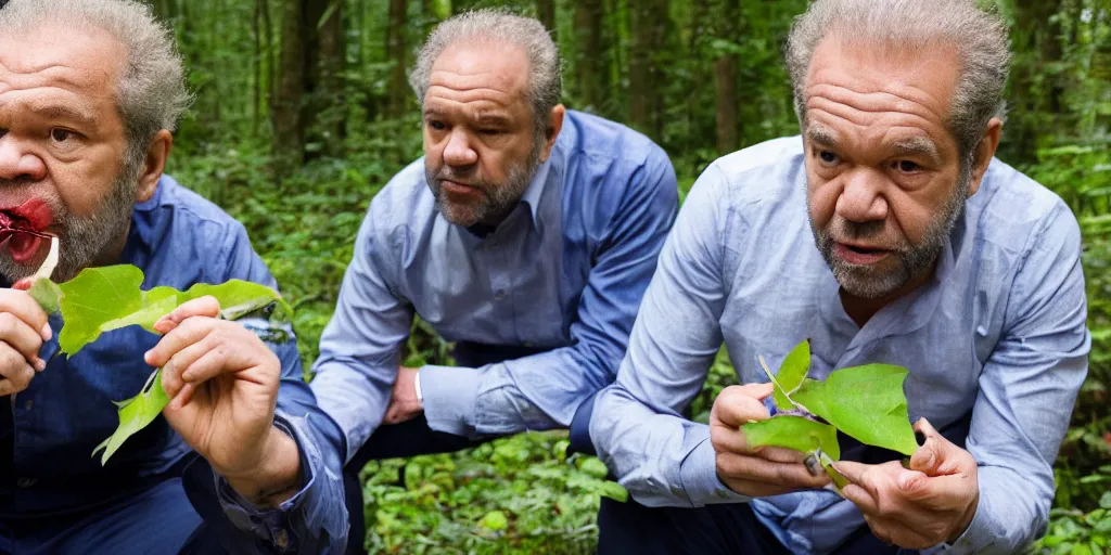 Image similar to alan sugar eating leaves in a forest. eating leaves