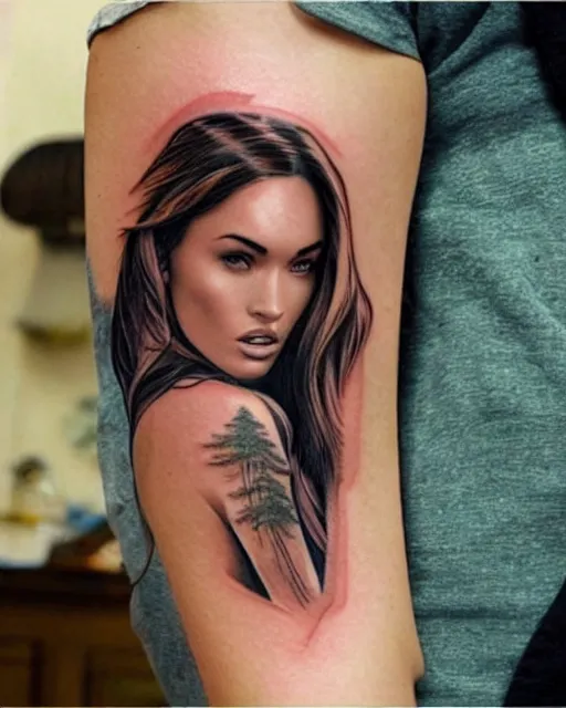 Image similar to creative double exposure effect tattoo design sketch of megan fox faded in beautiful mountain scenery, realism tattoo, in the style of matteo pasqualin, amazing detail, sharp