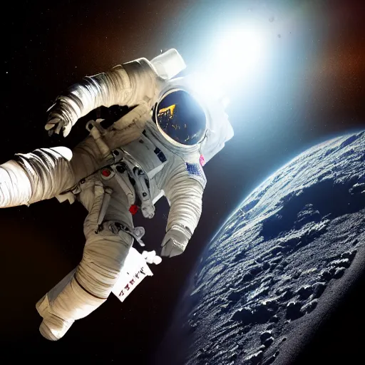 Image similar to photograph of an astronaut against the darkness of space, singular light source from below, full body photo, amazing light and shadow contrast, 8 k