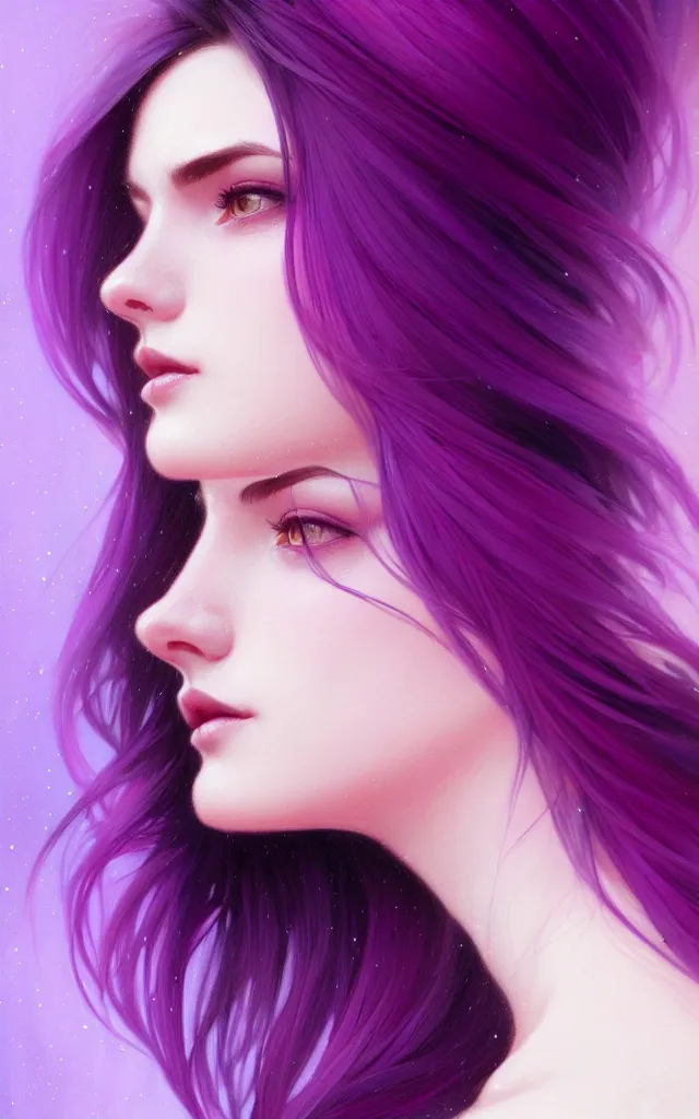 Image similar to Purple hair, creative colouring Portrait of woman face profile, fashion, coloured strands of hair, intricate, elegant, highly detailed, digital painting, artstation, concept art, smooth, sharp focus, illustration, art by artgerm and greg rutkowski and alphonse mucha, 8k