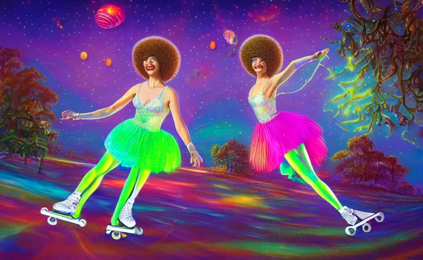 Prompt: Ultradetailed, hyperrealistic, a vintage roller skating diva wearing a disco ball skirt with a disco ball afro in a psychedelic cosmic roller rink in the clouds, by Vladimir kush, by josip csoor, by roger dean, rendered in octane, volumetric lighting, 3d rendering, retro color scheme, trending on artstation -20