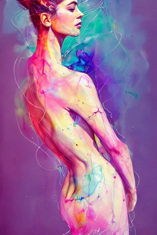 Image similar to sophia vergara by agnes cecile enki bilal moebius, intricated details, 3 / 4 back view, hair styled in a bun, bendover posture, full body portrait, extremely luminous bright design, pastel colours, drips, autumn lights