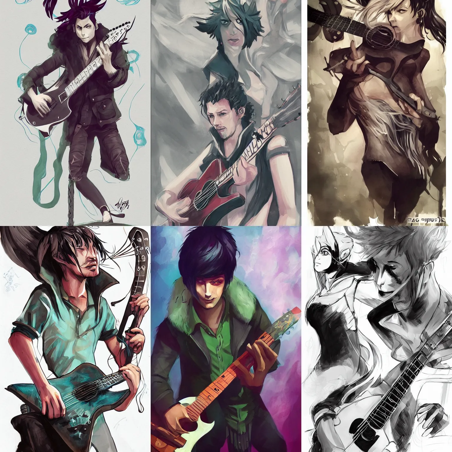 Prompt: Marko from Saga comic playing guitar, Fiona Staples character art,