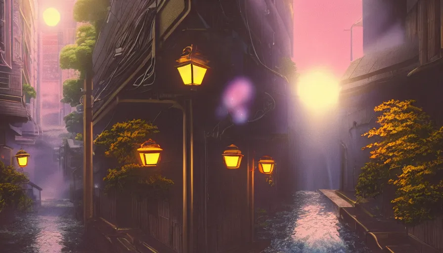 Image similar to A film still from a 1990s Sailor Moon cartoon featuring a moody street in Japan with a waterfall and lanterns, lofi aesthetic, golden hour, cinematic look, film grain, high detail, high resolution, 8k