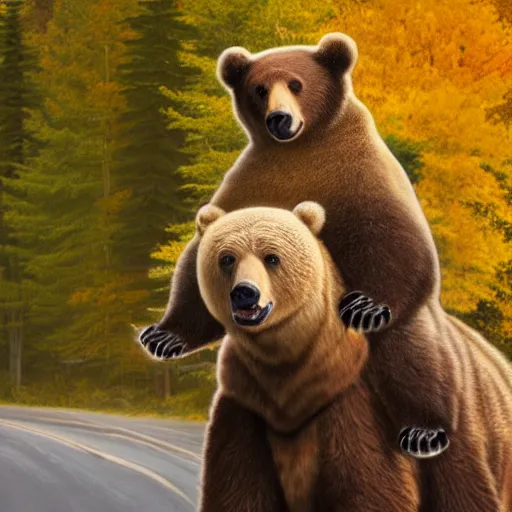 Image similar to a photo of bob ross riding on the back of brown bear in alaska at fall season, outdoor lighting, realistic, photo, national geographic photo, volumetric, fog