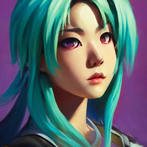 Image similar to greg manchess portrait painting of ayano keiko silica as overwatch character, turquoise hair, medium shot, asymmetrical, profile picture, organic painting, sunny day, matte painting, bold shapes, hard edges, street art, trending on artstation, by huang guangjian and gil elvgren and sachin teng