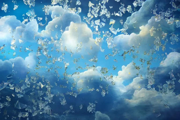 Image similar to simplicity, a huge flock of many ornate translucent puffy filigreed clouds tangled into large whirling ultra detailed crystal specimens, mission arts environment, playful, award winning art, epic dreamlike fantasy landscape, ultra realistic,
