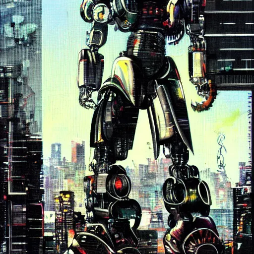 Prompt: a full-metal neon robot sobs when seeing the devastation of cyberpunk Santiago of Chile, oil on canvas by Yoji Shinkawa and Dave McKean