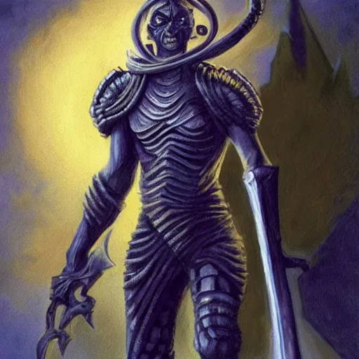 Prompt: ( ( ( half length portrait of yellow - skinned githyanki warrior holding a magical silver sword, in the astral plane ) ) ), d & d, fantasy, medieval, hr giger